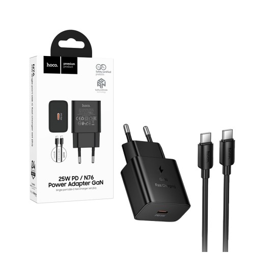 Adaptador Hoco N76 Star de Porta Única PD25W com Cabo (Tipo C para Tipo C) Preto